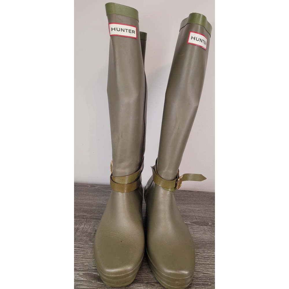 Hunter Andora Olive Green Ankle Strap Wedge Tall Rain Boots W23954 US 6 EU 37